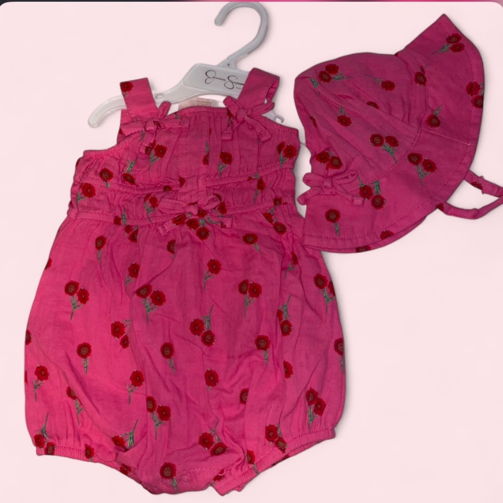 Jessica Simpson Hot Pink Floral Baby Romper with Matching Sun Hat